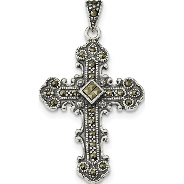 925 Sterling Silver Mother of Pearl & Marcasite Ornate Cross Pendant